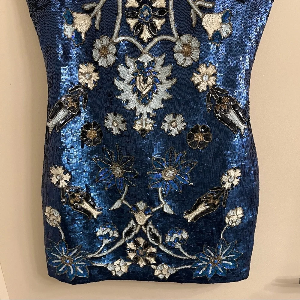 Needle & Thread Blue Floral Sequin Sleeveless Mini Dress Size US 2 - Picture 4 of 10